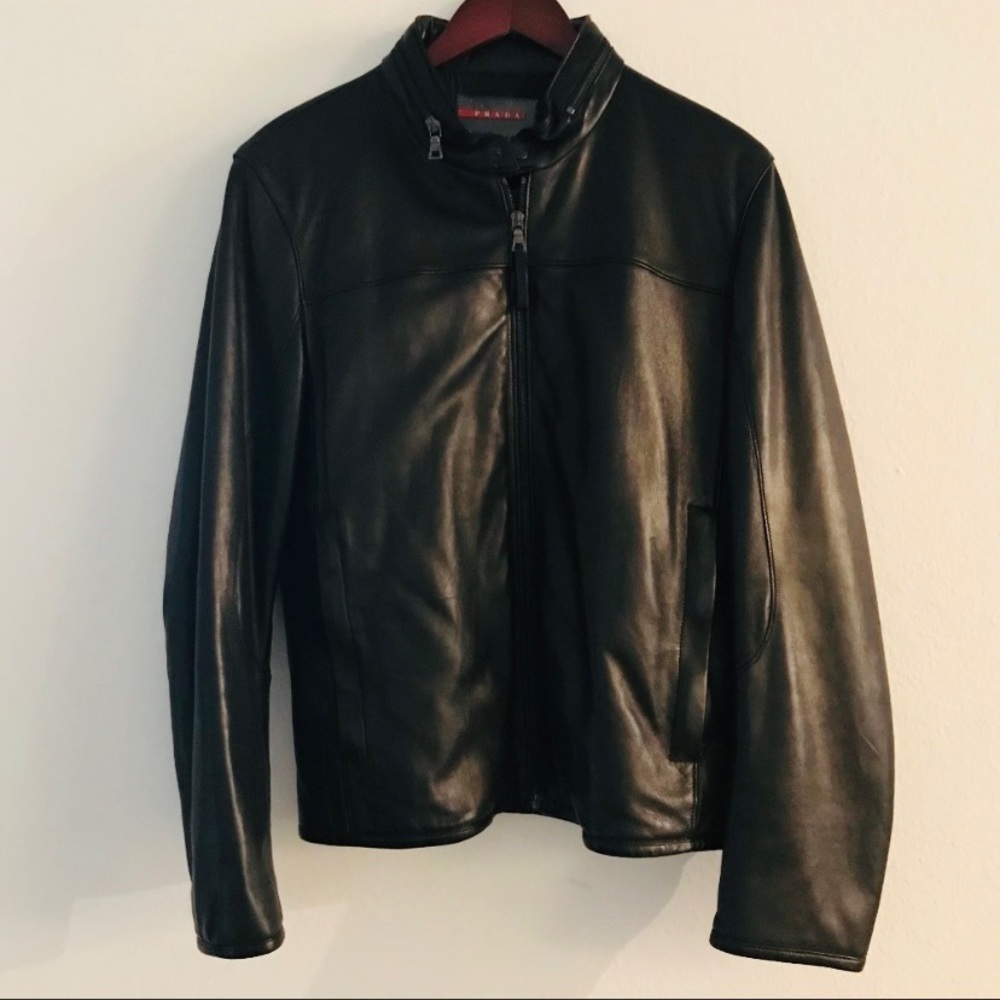 Offering black Moto Leather Jacket by Prada.
Size 50 EU which is 40 US.